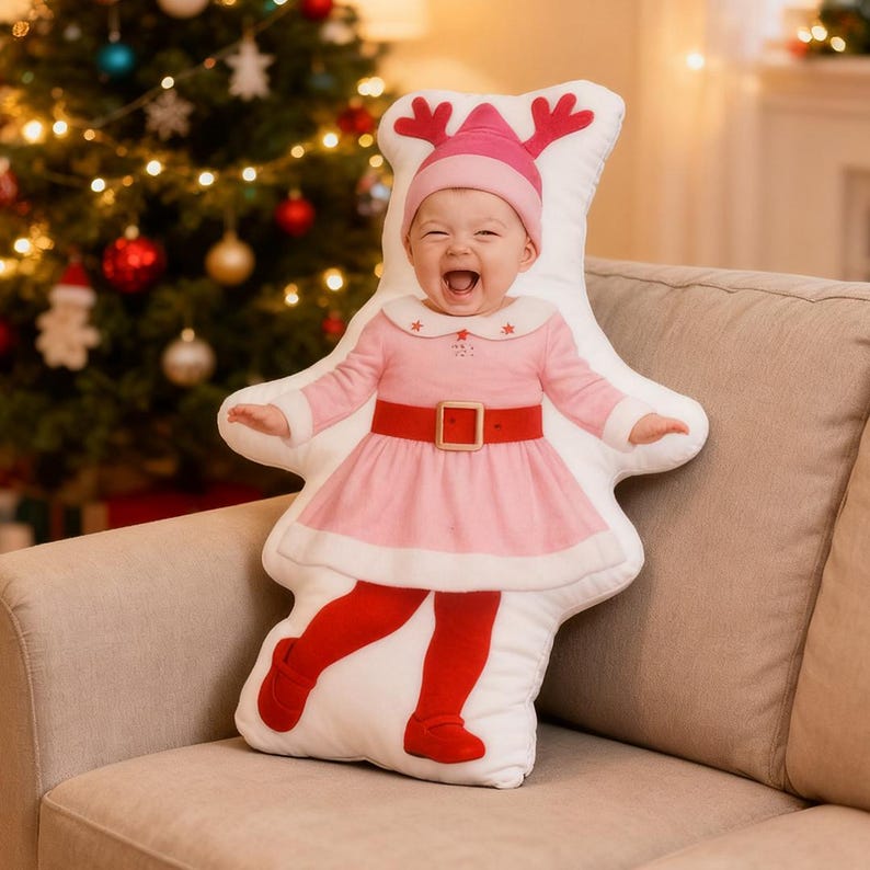 Custom Baby Photo Pillow Personalized Christmas Santa Cushion, Holiday Elf Doll Pillow, Unique Baby Gift Keepsake, Christmas Decor