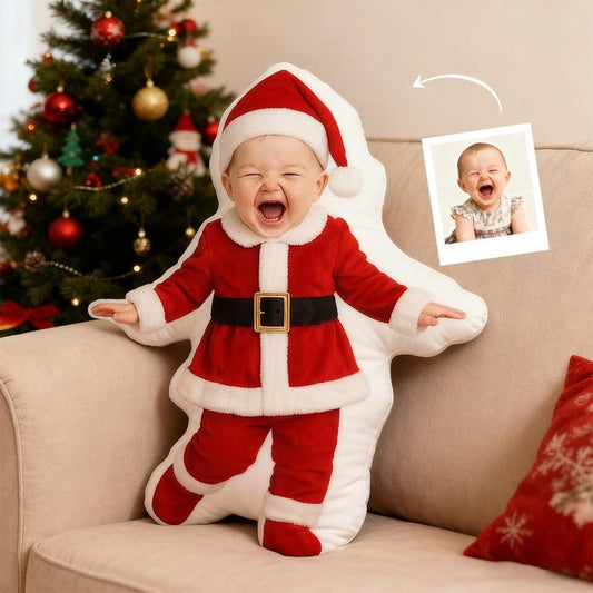 Custom Baby Photo Pillow Personalized Christmas Santa Cushion, Holiday Elf Doll Pillow, Unique Baby Gift Keepsake, Christmas Decor