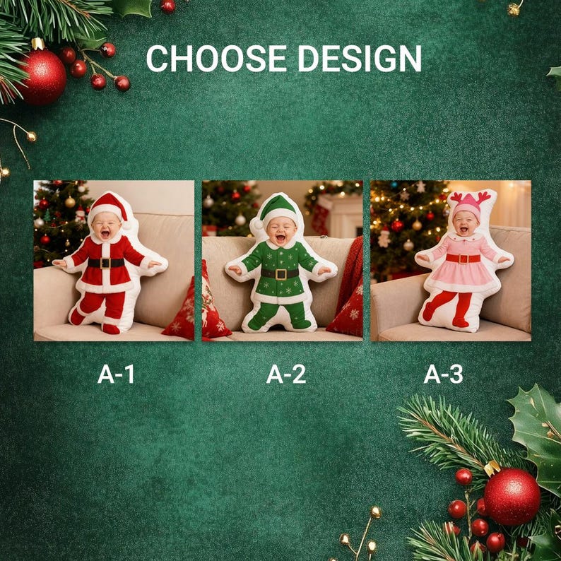 Custom Baby Photo Pillow Personalized Christmas Santa Cushion, Holiday Elf Doll Pillow, Unique Baby Gift Keepsake, Christmas Decor