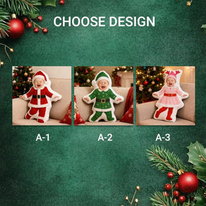 Custom Baby Photo Pillow Personalized Christmas Santa Cushion, Holiday Elf Doll Pillow, Unique Baby Gift Keepsake, Christmas Decor