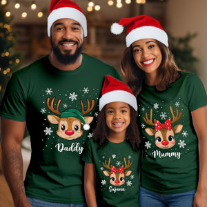 Personalised Reindeer Family Christmas T-Shirt Set, Matching Custom Name Xmas Shirt, Mummy Daddy Kids Holiday Gift Costume Outfit