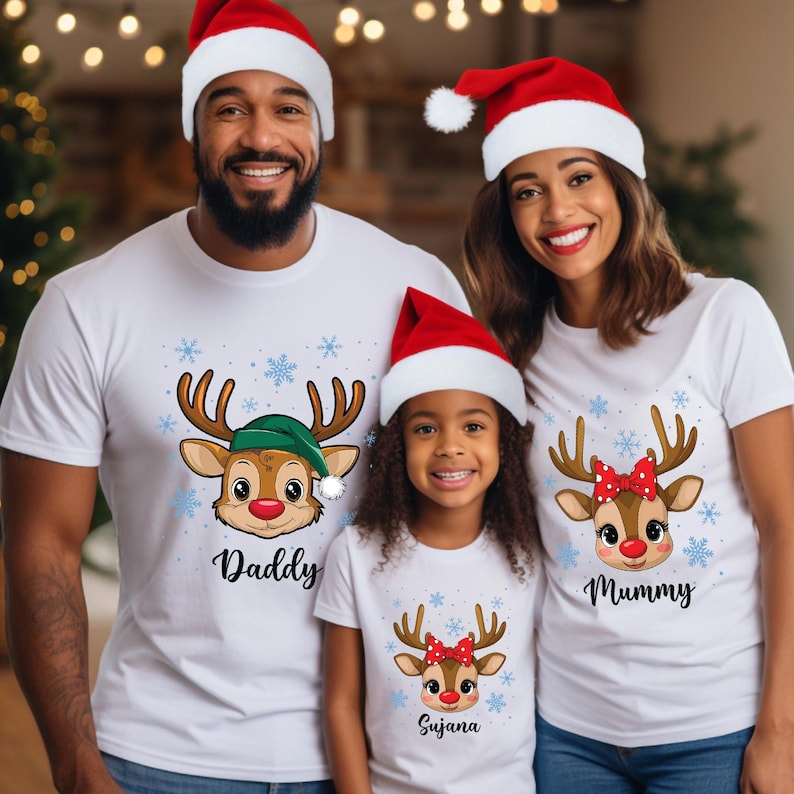 Personalised Reindeer Family Christmas T-Shirt Set, Matching Custom Name Xmas Shirt, Mummy Daddy Kids Holiday Gift Costume Outfit