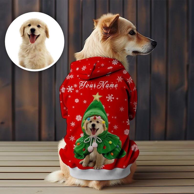Personalized Christmas Dog Hoodie with Photo, Xmas Pet Outfit, Custom Dog & Cat Clothing, Dog Christmas Hoodie, Gift for Pet Lovers