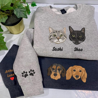 Custom Dog Face Embroidered Sweatshirt or Hoodie, Custom Pet Gift, Dog &Cat Mom Gift, Pet Memorial Gift, Up to 6 Pets