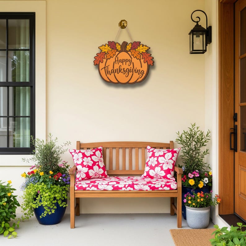 Personalized Thanksgiving Wooden Sign Happy Thanksgiving Pumpkin & Leaves Door Decor