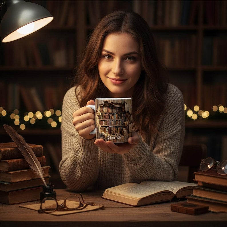 Personalized Bookshelf Mug Custom Name Library Cup, Cozy Reading Gift for Bookworms