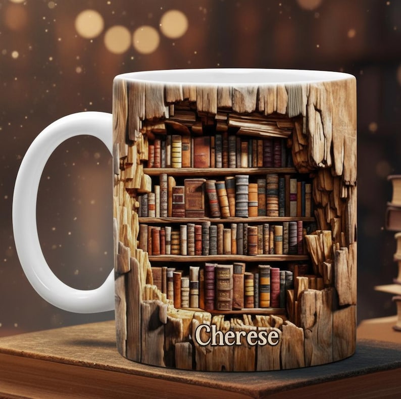 Personalized Bookshelf Mug Custom Name Library Cup, Cozy Reading Gift for Bookworms