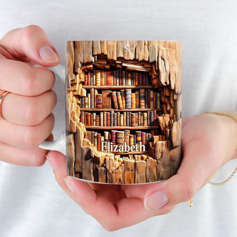 Personalized Bookshelf Mug Custom Name Library Cup, Cozy Reading Gift for Bookworms