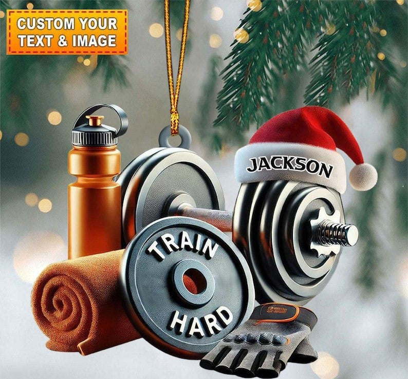 Personalized Gym Ornament, Train Hard Dumbbell Christmas Gift for Gym Lovers, Custom Fitness Coach Xmas Decor, Workout Motivation Keepsake