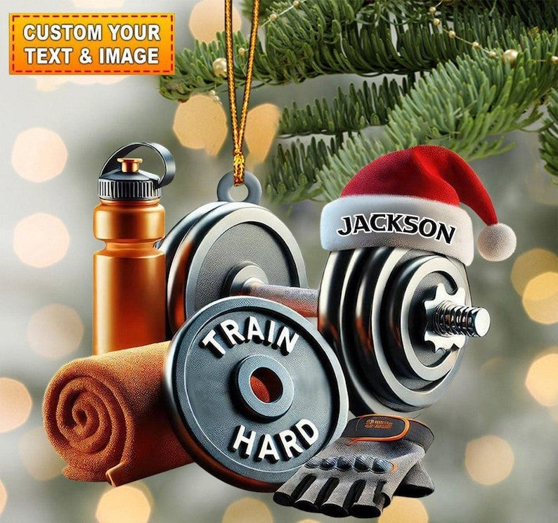 Personalized Gym Ornament, Train Hard Dumbbell Christmas Gift for Gym Lovers, Custom Fitness Coach Xmas Decor, Workout Motivation Keepsake