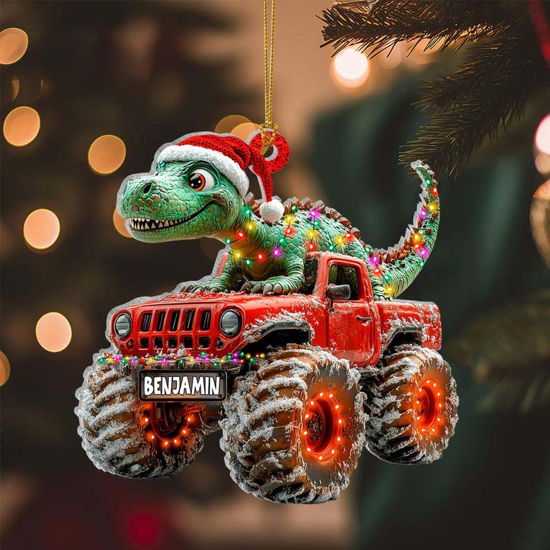 Custom Dinosaur Christmas Ornament, Monster Truck Ornament,Boys Dino Christmas Ornament,Baby Boy Christmas Present,Christmas Gift For Child
