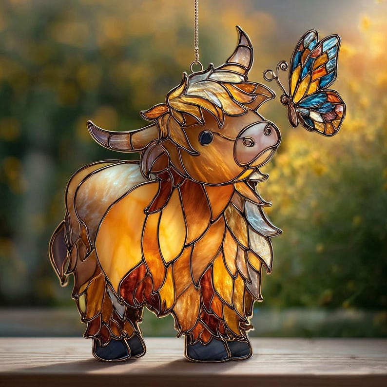 Highland Cow Suncatcher: Acrylic Butterfly Window Hanging