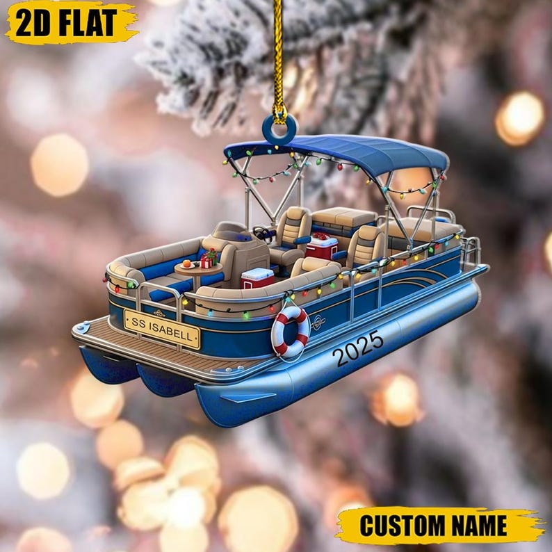 Personalized Pontoon Boat Ornament, Custom Lake House Decor, Boating Gift, Custom Name Christmas Ornament, Lake Life Keepsake