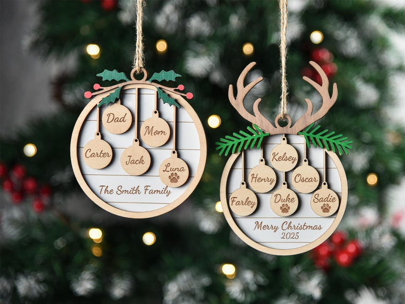 Personalized Family and Pet Ornament, Christmas Tree Wooden Ornament,Family Christmas Ornament 2025, People & Paw Print Combo, Holiday Decor