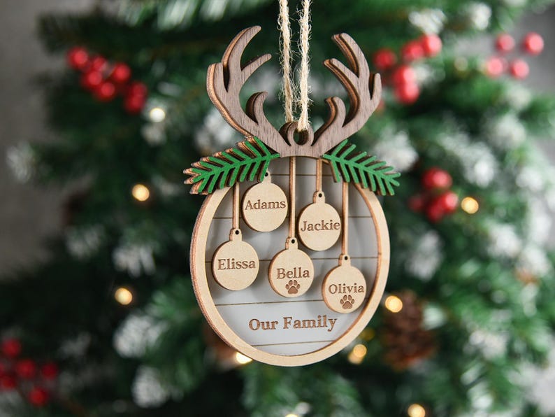 Personalized Family and Pet Ornament, Christmas Tree Wooden Ornament,Family Christmas Ornament 2025, People & Paw Print Combo, Holiday Decor