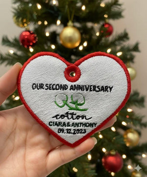 Personalized 2nd Anniversary Ornament: Embroidered Cotton Wedding Gift