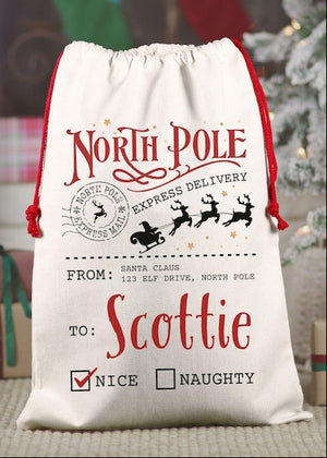 North Pole Express Delivery Sack, Custom North Pole Express Delivery Santa Bag from Santa Bag from North Pole Express Delivery Present Bag