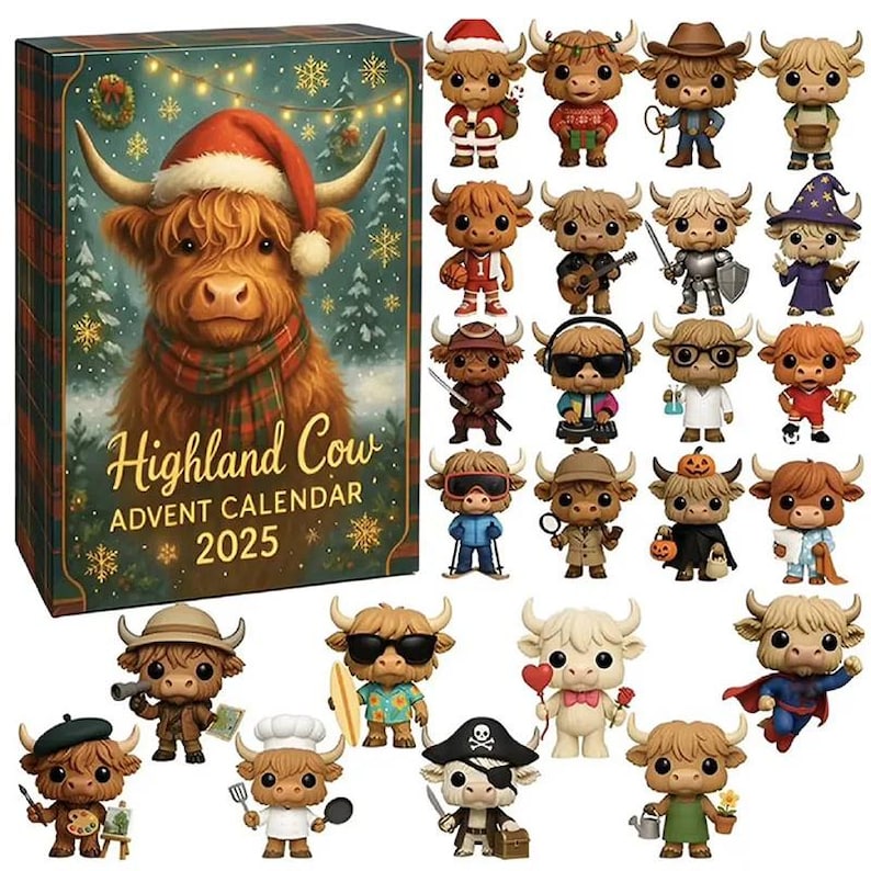 Highland Cow Advent Calendar 2025, 24 Day Scottish Cattle Figurines, Cute Farm Animal Christmas Decor, Unique Cow Lover Gift