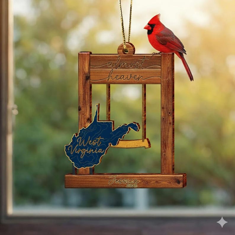 WV Almost Heaven Swing Acrylic Ornament,West Virginia Home Decor,West Virginia Ornament,WV Lover, West Virginia State Ornament,Cardinal Gift