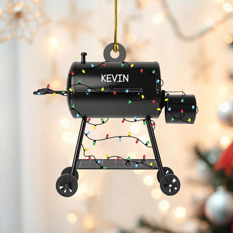 Custom Smoker BBQ Acrylic Ornament, Bbq Christmas Lights Flat Ornament, Camping Bbq Grill Ornament, Bbq Smoker Gift, Grilling Party Gift