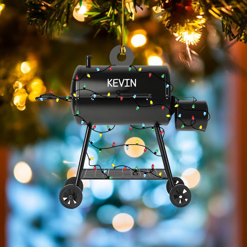 Custom Smoker BBQ Acrylic Ornament, Bbq Christmas Lights Flat Ornament, Camping Bbq Grill Ornament, Bbq Smoker Gift, Grilling Party Gift