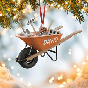 Custom Wheelbarrow Christmas Ornament, Tree Hanging Decor, Flat 2D Acrylic, Personalized Construction Worker Gift for Him Holiday Keepsake