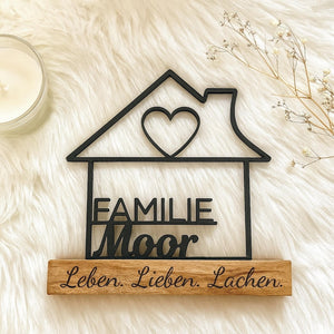 Family sign personalized with name & heart | Family gift, wedding, housewarming gift | House decoration made of wood and 3D printing