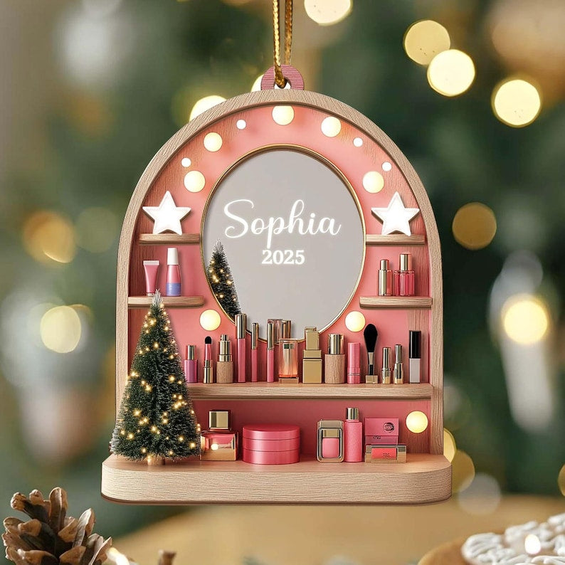 Custom Cosmetics Ornament Christmas Decor, Makeup Artist 2 Layered Wood Ornament Cosmetics Gift For Girls, Esthetician Artist Christmas Gift