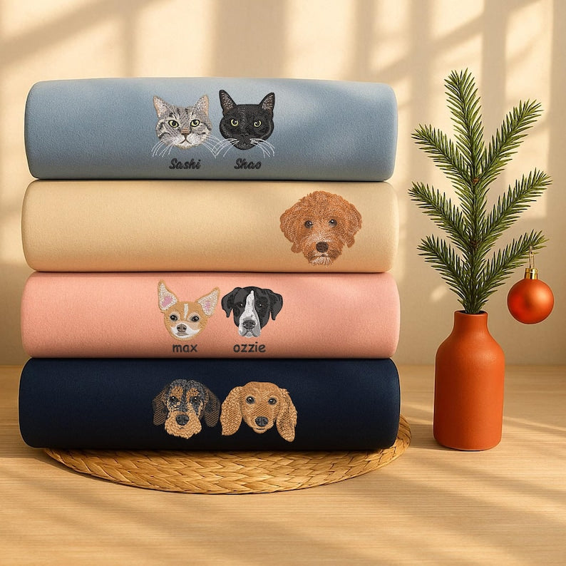 Custom Dog Face Embroidered Sweatshirt or Hoodie, Custom Pet Gift, Dog &Cat Mom Gift, Pet Memorial Gift, Up to 6 Pets