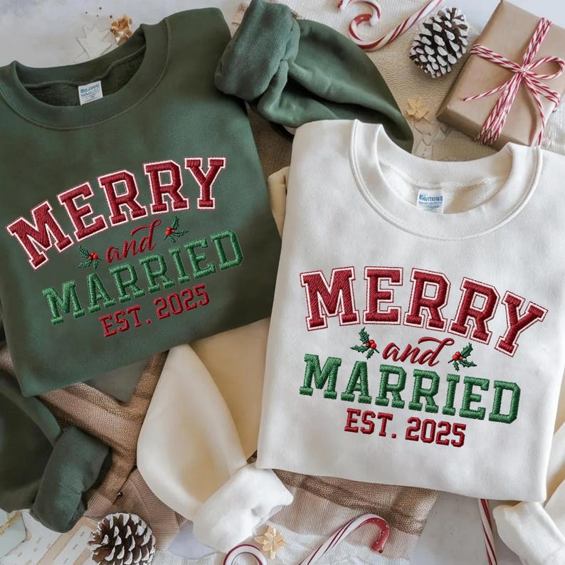 Embroidered Merry and Married Sweatshirt, Christmas Newlywed Couple Sweater, Matching Holiday Honeymoon Crewneck, Married Est 2025 Shirt