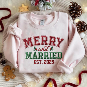 Embroidered Merry and Married Sweatshirt, Christmas Newlywed Couple Sweater, Matching Holiday Honeymoon Crewneck, Married Est 2025 Shirt