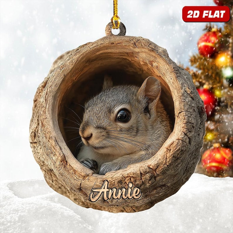 Personalized Name Woodland Squirrel Ornament, 2d Flat Rustic Animal Christmas Home Decor, Forest Wildlife Gift, Nature Rustic Tree Hanging
