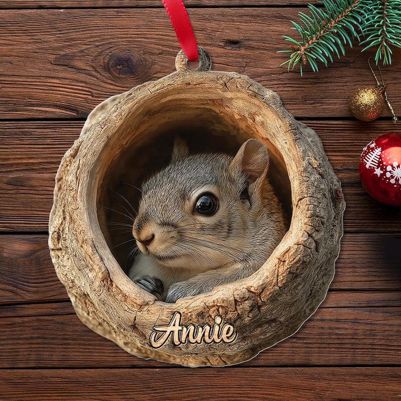 Personalized Name Woodland Squirrel Ornament, 2d Flat Rustic Animal Christmas Home Decor, Forest Wildlife Gift, Nature Rustic Tree Hanging