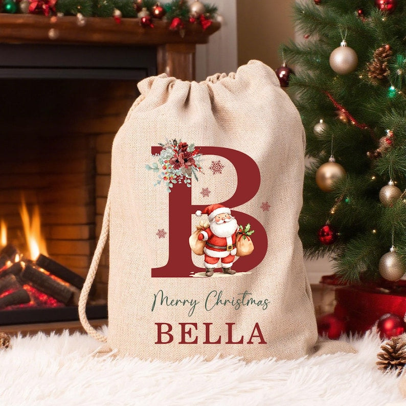 Personalized Santa Sack, Large Christmas Sack, Personalized Christmas Toy Sack with Name Initial, Christmas Gift Bag, First Christmas Gift