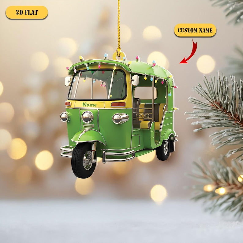 Personalized Tuk Tuk Acrylic Ornament, Custom Name Thai Auto Rickshaw Christmas Decoration, 2D Flat Holiday Gift for Travelers & Asia Lovers