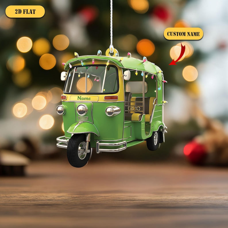 Personalized Tuk Tuk Acrylic Ornament, Custom Name Thai Auto Rickshaw Christmas Decoration, 2D Flat Holiday Gift for Travelers & Asia Lovers