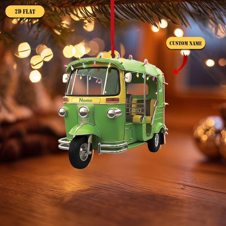 Personalized Tuk Tuk Acrylic Ornament, Custom Name Thai Auto Rickshaw Christmas Decoration, 2D Flat Holiday Gift for Travelers & Asia Lovers