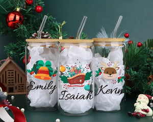 Personalized Christmas Tree Snack Glass: Iced Coffee Cup with Lid | Gifts for Her | Custom Glass Coffee cup | gifts for Christmas
