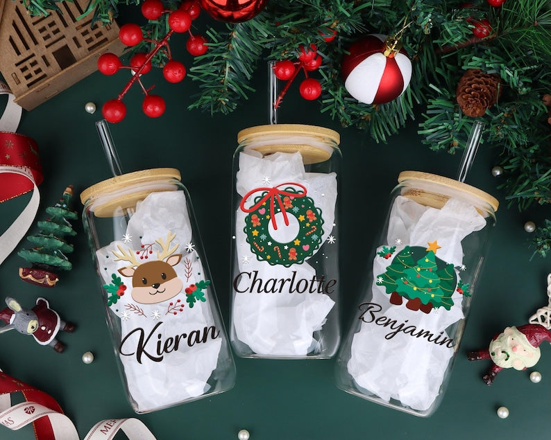 Personalized Christmas Tree Snack Glass: Iced Coffee Cup with Lid | Gifts for Her | Custom Glass Coffee cup | gifts for Christmas