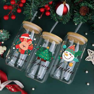 Personalized Christmas Tree Snack Glass: Iced Coffee Cup with Lid | Gifts for Her | Custom Glass Coffee cup | gifts for Christmas