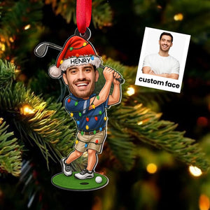 Personalized Golf Christmas Ornament Custom Face Golfer Ornament with Santa Hat & Holiday Lights, Funny Gift for Golf Lovers