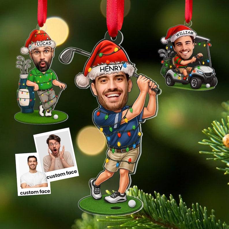 Personalized Golf Christmas Ornament Custom Face Golfer Ornament with Santa Hat & Holiday Lights, Funny Gift for Golf Lovers
