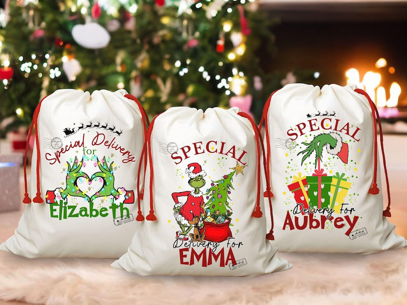 The Grinchy Christmas Sacks Family Matching Santa Sacks , Personalized Funny Stockings , Cousin Matching Grinchy Christmas gifts Large Bag.