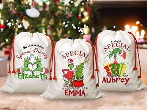 The Grinchy Christmas Sacks Family Matching Santa Sacks , Personalized Funny Stockings , Cousin Matching Grinchy Christmas gifts Large Bag.