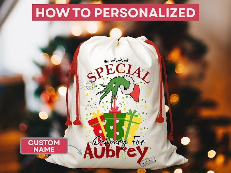 The Grinchy Christmas Sacks Family Matching Santa Sacks , Personalized Funny Stockings , Cousin Matching Grinchy Christmas gifts Large Bag.