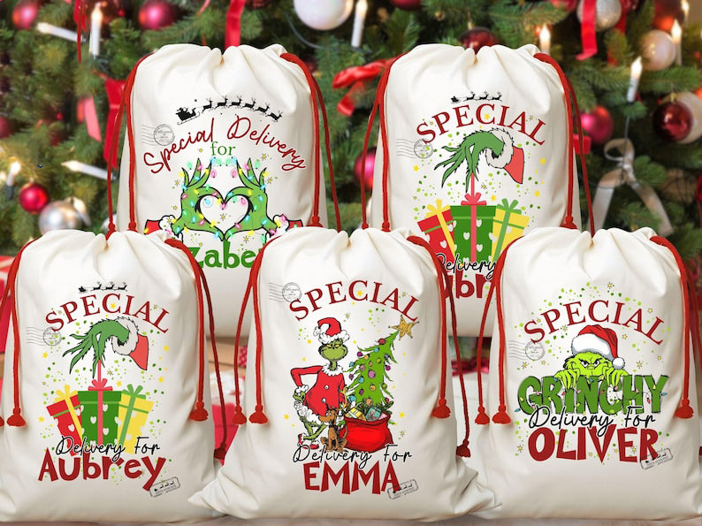 The Grinchy Christmas Sacks Family Matching Santa Sacks , Personalized Funny Stockings , Cousin Matching Grinchy Christmas gifts Large Bag.