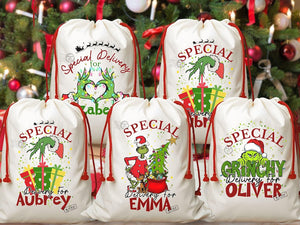The Grinchy Christmas Sacks Family Matching Santa Sacks , Personalized Funny Stockings , Cousin Matching Grinchy Christmas gifts Large Bag.