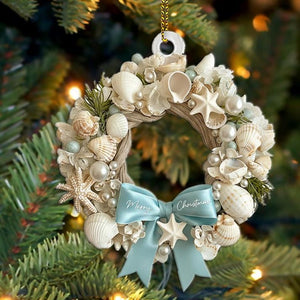 Coastal Christmas wreath 2D Ornament, Aqua Crushed Glass, Shells, Starfish, Beachy Xmas Keepsake, Crushed Shells Holiday Decoration