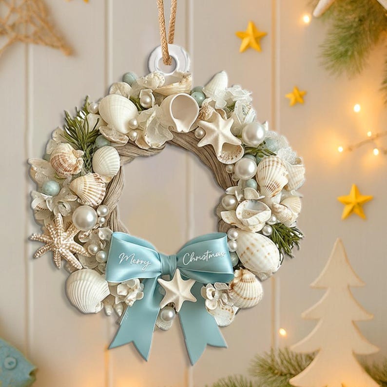 Coastal Christmas wreath 2D Ornament, Aqua Crushed Glass, Shells, Starfish, Beachy Xmas Keepsake, Crushed Shells Holiday Decoration