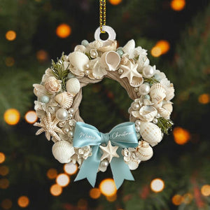 Coastal Christmas wreath 2D Ornament, Aqua Crushed Glass, Shells, Starfish, Beachy Xmas Keepsake, Crushed Shells Holiday Decoration